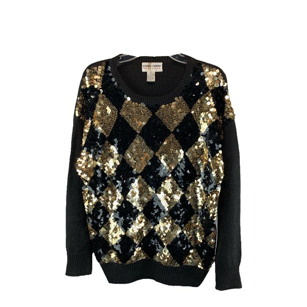 Vintage Carol Horn Workshop Womens Sequin Sweater Size Large Black Gold Knit